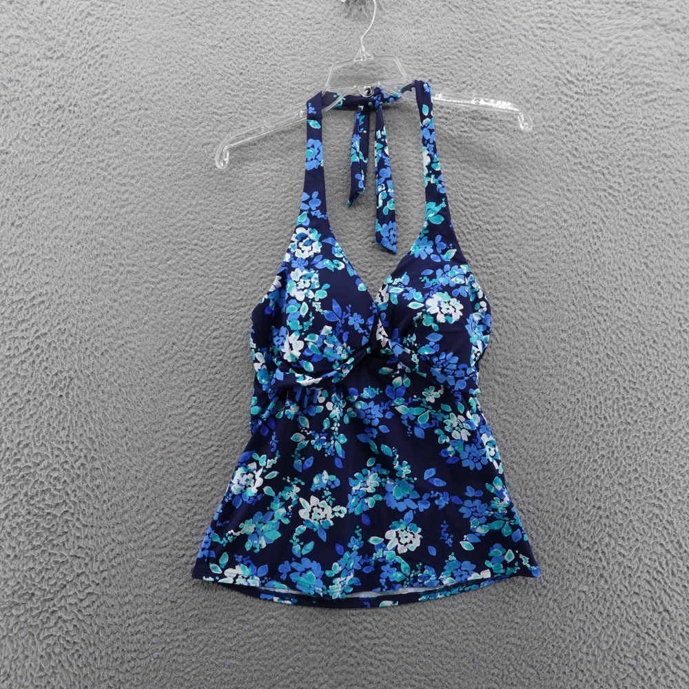 Lands End Floral‎ Halter Tankini Top Size 8 Navy Blue Aqua Padded Swim Womens